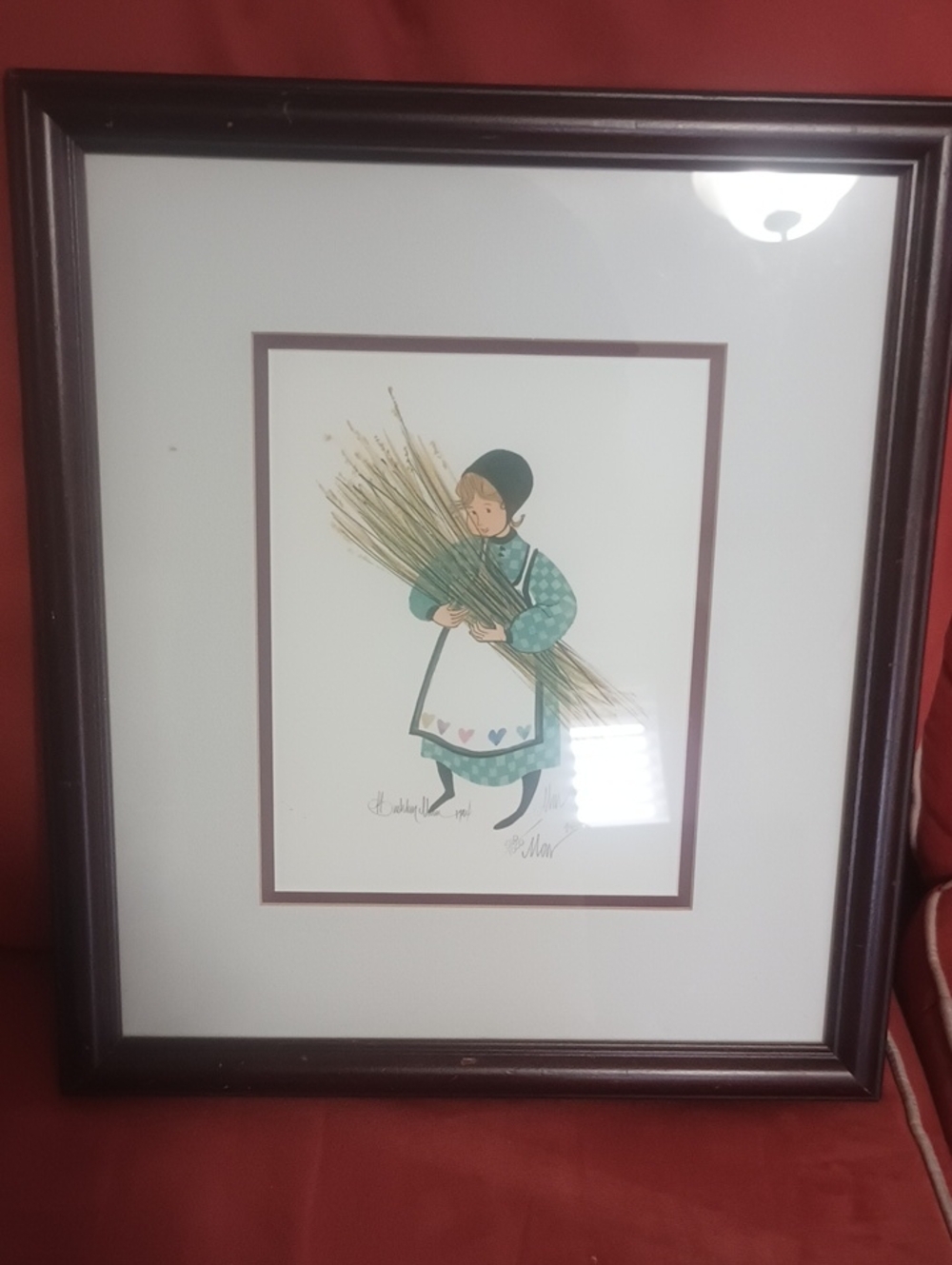 P Buckley Framed Girl with Wheat Farmhouse Wall Art - Brown Frame, Green Dress